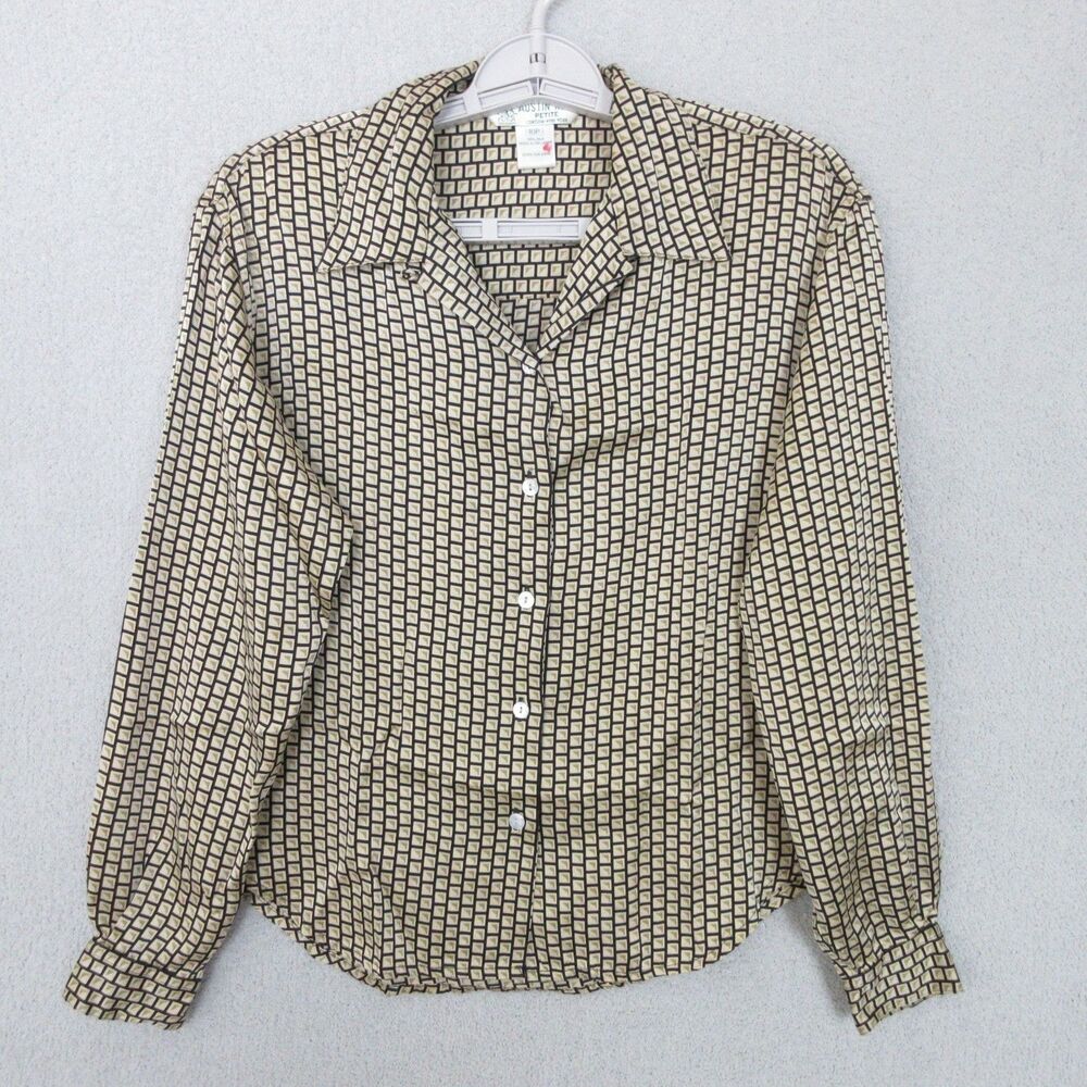 Austin Reed Silk Blouse Women 10P Geometric Print Long Sleeve Button Front Beige